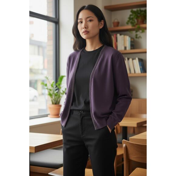 Lands’ End Purple Jewel Tone Cardigan Women’s L Beaded Trim Hook‑Eye Closure EUC - Picture 2 of 6